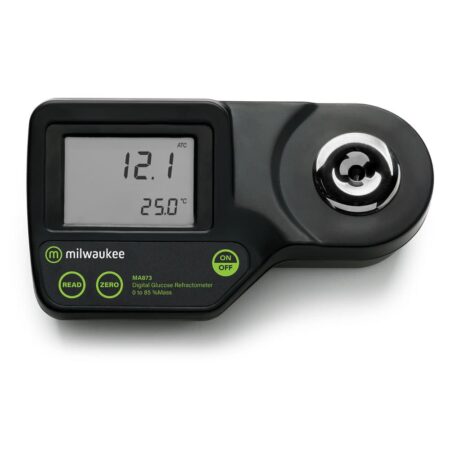 Milwaukee Instruments MA873 digital refractometer with a 0 to 85% Mass Glucose range and +/- 0.2 percent accuracy.