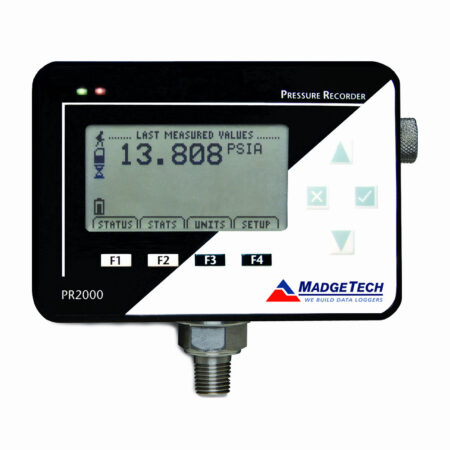 The PR2000 is a pressure logger with an LCD and wall mounted universal power adapter. Available in 10 ranges, the PR2000 can adapt to any application and features a ¼ in. NPT fitting for quick connection..