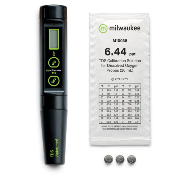 Milwaukee Instruments T76 comes complete with calibration sachets and batteries.