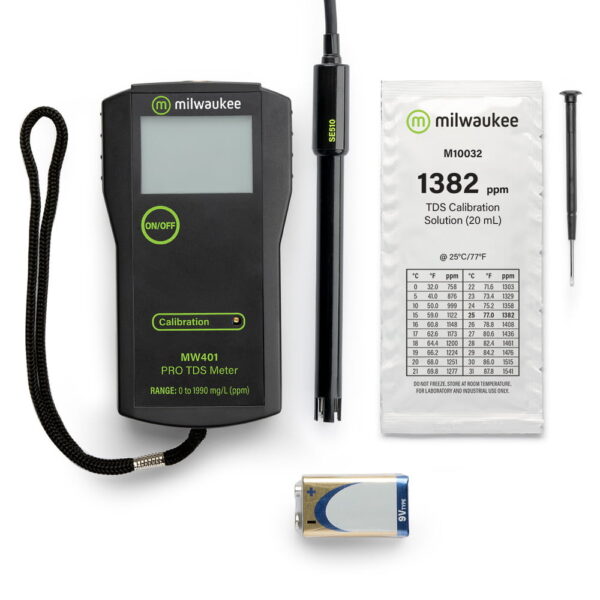 Milwaukee Instruments MW401 comes complete with probe, calibration sachets and 9V battery.