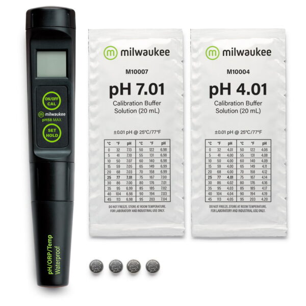 Milwaukee Instruments PH58 PRO pH & Temperature Tester comes complete with calibration sachets and 4 x batteries.