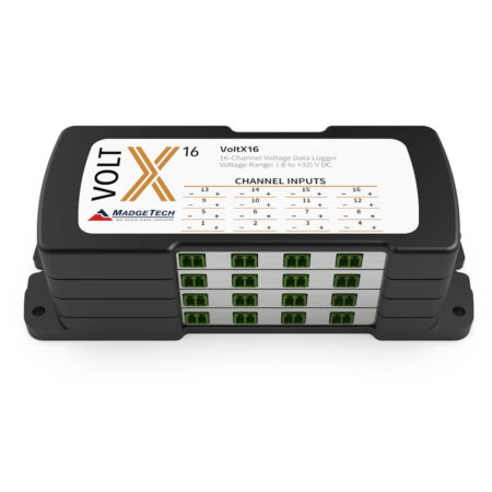 The MadgeTech VoltX-16 is a 16-channel DC voltage data logger and available in three voltage ranges: 160 mV, 3.2 V, and 32 V.