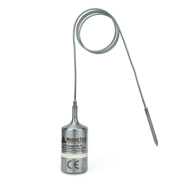 High temperature data logger with bendable probe and piercing tip.